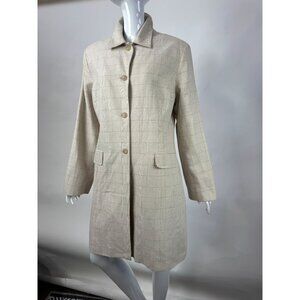 Ann Taylor Vintage Beige Checkered Long Coat Size 14 Cotton Linen Blend
